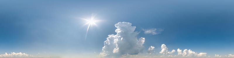 blue sky with beautiful clouds as seamless hdri 360 panorama view with zenith in spherical equirectangular format for use in 3d graphics or game development as sky dome or edit drone shot photo