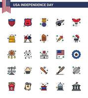 Flat Filled Line Pack of 25 USA Independence Day Symbols of frankfurter weapon award war army Editable USA Day Vector Design Elements