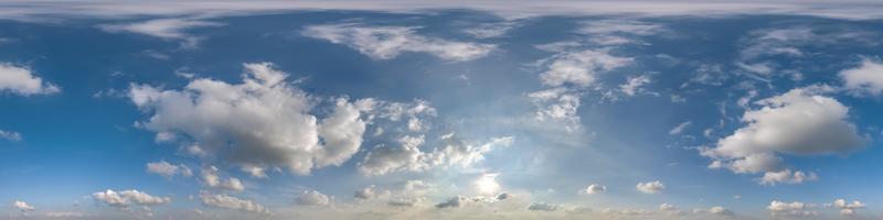 blue sky with beautiful clouds as seamless hdri 360 panorama view with zenith in spherical equirectangular format for use in 3d graphics or game development as sky dome or edit drone shot photo