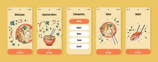 conjunto de ilustraciones de adobe illustrator de pantallas ui, ux para aplicaciones móviles sobre entrega de alimentos. tablero de comida asiática. Tienda online china, coreana o japonesa. plantilla de la interfaz.