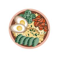 fideos con salmón y brócoli. adecuado para pancartas de restaurantes, logotipos y anuncios de comida rápida. comida coreana o china. comida asiática. vector