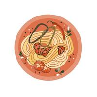 Udon or ramen soup. Asian food sticker. Noodles with salmon, and hot pepper. Suitable for restaurant banners, logos, and fast food advertisements. Korean or Chinese food. vector