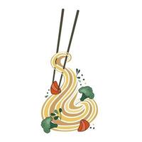 fideos con salmón y brócoli. adecuado para pancartas de restaurantes, logotipos y anuncios de comida rápida. comida coreana o china. comida asiática. vector