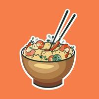 pegatina de comida asiática. arroz con camarones y pimiento picante. adecuado para pancartas de restaurantes, logotipos y anuncios de comida rápida. comida coreana o china. vector