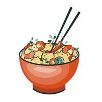 pegatina de comida asiática. arroz con camarones y pimiento picante. adecuado para pancartas de restaurantes, logotipos y anuncios de comida rápida. comida coreana o china. vector