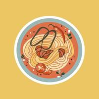 Udon or ramen soup. Asian food sticker. Noodles with salmon, and hot pepper. Suitable for restaurant banners, logos, and fast food advertisements. Korean or Chinese food. vector