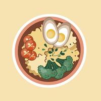 Asian food sticker. Bowl with rice, eggs, and broccoli. Suitable for restaurant banners, logos, and fast food advertisements. Korean or Chinese food. Vegetarian. vector
