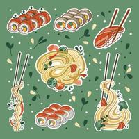 pegatinas de comida asiática. sopa de udon o ramen, fideos, sushi y tazón. adecuado para pancartas de restaurantes, logotipos y anuncios de comida rápida. mariscos.