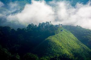 hermosas montañas bajo la niebla en la mañana, niebla y paisaje tropical nuboso dando la bienvenida a los viajeros. foto