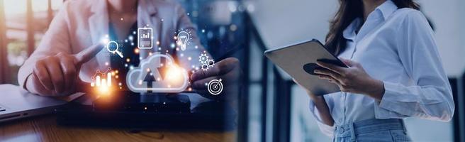 man use Laptop with cloud computing diagram show on hand. Cloud technology. Data storage. Networking and internet service concept. photo