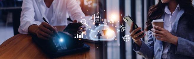 man use Laptop with cloud computing diagram show on hand. Cloud technology. Data storage. Networking and internet service concept. photo