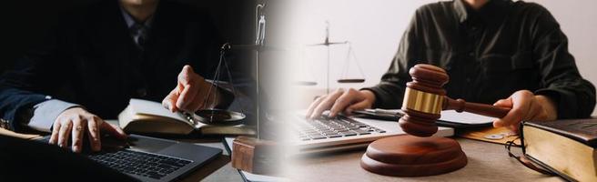 Business and lawyers discussing contract papers with brass scale on desk in office. Law, legal services, advice, justice and law concept picture with film grain effect photo