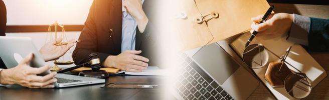 Business and lawyers discussing contract papers with brass scale on desk in office. Law, legal services, advice, justice and law concept picture with film grain effect photo