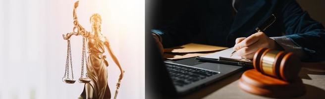 Business and lawyers discussing contract papers with brass scale on desk in office. Law, legal services, advice, justice and law concept picture with film grain effect photo