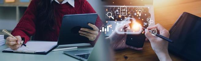 man use Laptop with cloud computing diagram show on hand. Cloud technology. Data storage. Networking and internet service concept. photo