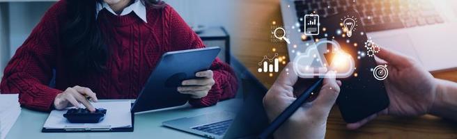 man use Laptop with cloud computing diagram show on hand. Cloud technology. Data storage. Networking and internet service concept. photo