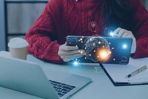 man wearing VR glasses and accessing the Technology Internet, multimedia, Storage Network connection Concept And a large database big data Through internet technology. E-learning, online study. photo
