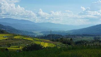 la cosecha de la vista del campo de arroz amarillo ubicada en el valle entre las montañas con el cielo nublado como fondo foto