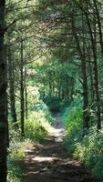 The green and little yellow trees full of the forest in autumn photo