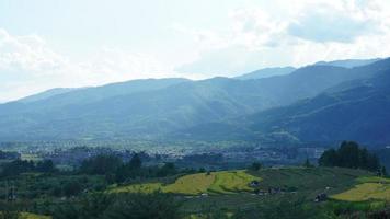 The harvesting yellow rice field view located in the valley among the mountains with the cloudy sky as background photo