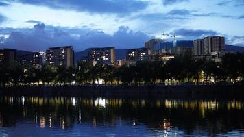 The bluetime city view with the lights on at night photo