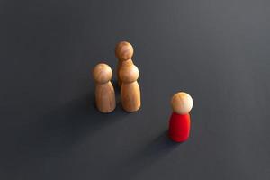 Red person is talking to the group. Get the propensity of the group, take the lead. Communication and persuasion. Resist the multitude. Outcast, rejected. Loneliness. Join the team. Become a leader photo