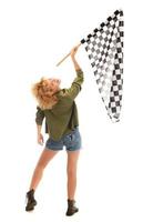 beautiful model holding finish flag isolated on white background. motorsport finish flag in hands of a female model. photo