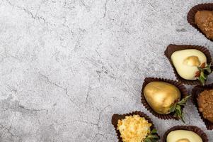Food banner with chocolate strawberries. Place for text.Flat lay photo