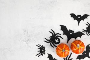 Pumpkins and scary spiders and bats on concrete background as Halloween flat lay concept photo