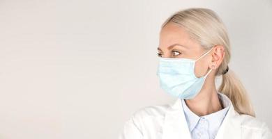 Closeup of medical worker in a mask against white background. Healthcare banner with place for text. Covid-19.template,copy space