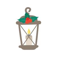 farol de navidad con velas y hojas de acebo. para el diseño de decoraciones navideñas y de año nuevo, tarjetas, invitaciones vector