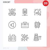 Pack of 9 Modern Outlines Signs and Symbols for Web Print Media such as worker bag volume computing speaker sharing Editable Vector Design Elements