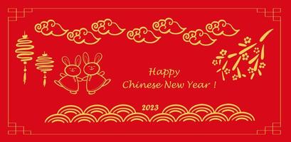 Chinese New Year 2023, the year of the rabbit, red and gold line art characters, simple hand-drawn Asian elements . vector