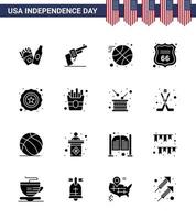 conjunto de 16 glifos sólidos vectoriales el 4 de julio, día de la independencia de estados unidos, como el signo de policía de bola de estrella rápida, elementos de diseño vectorial editables del día de estados unidos vector