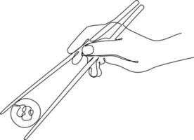 Hand with chopsticks holding sushi roll vector