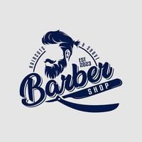 Vintage Barbershop Logo Vector Template with icon, sign, bearded man symbol and razor, retro logo, classic, hipster sticker,label, badge, isolated on white background. writing logos