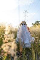 fantasma en las vías del tren con el tren pasando por detrás, al atardecer, méxico américa latina foto