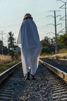 fantasma en el campo disfrutando del sol y el tren que pasa detrás, vías del tren foto