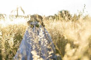 fantasma en el campo disfrutando del sol y el tren que pasa detrás, vías del tren foto