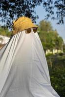 fantasma en el campo disfrutando del sol y el tren que pasa detrás, vías del tren foto