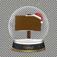 Christmas ball with Wood signpost and a Red Santa hat and Gold elements falling,Vector illustration Crystal Xmas 3d, Isolated Transparent Snow Globe for Merry Christmas or New Year 2023 gift vector
