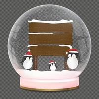 bola de navidad con lindos pingüinos con sombrero rojo de navidad jugando patinaje sobre hielo en la nieve junto a un cartel de madera en fondo transparente, elemento vectorial cristal de globo de nieve para año nuevo, invierno, gif de navidad vector