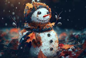 Happy snowman in winter secenery background photo