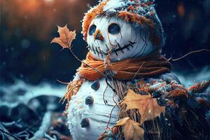 Happy snowman in winter secenery background photo