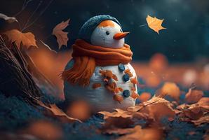 Happy snowman in winter secenery background photo