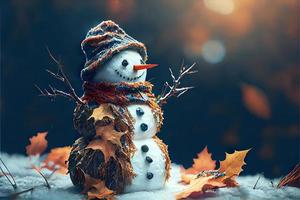 Happy snowman in winter secenery background photo