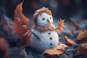 Happy snowman in winter secenery background photo