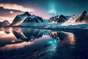 Aurora borealis over the sea, snowy mountains and city lights at night photo