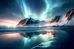 Aurora borealis over the sea, snowy mountains and city lights at night photo