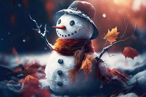 Happy snowman in winter secenery background photo